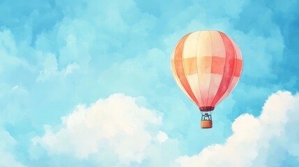Fototapeta premium Colorful hot air balloon soaring through a clear sky on a sunny day above fluffy clouds