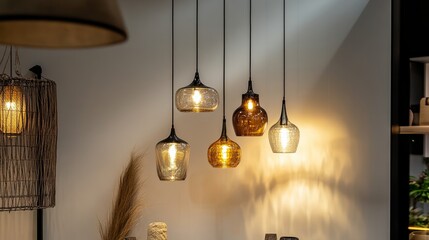 Modern hanging lamps displayed in a showroom, elegantly arranged on a white wall, casting warm ambient lighting.