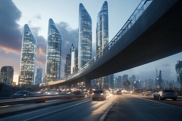 Fototapeta premium A busy asphalt road under a large bridge, with a futuristic city and glass skyscrapers illuminated in the soft light of the late afternoon sun.