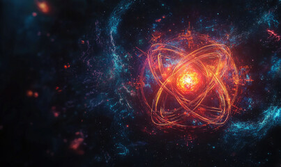 Fototapeta premium Golden Atom Structure with Glowing Electrons on Black Background
