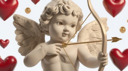 Fototapeta premium Cherubic Angel Figurine With Bow And Arrow Amidst Floating Hearts