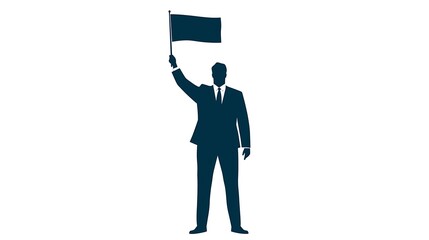 A silhouette of a man in a suit holding a flag high, symbolizing leadership, authority, or protest.