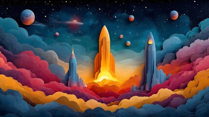 Futuristic space battle between advanced spaceships in a vibrant galactic scene, flat vector style with papercut design, 8K high resolution with copy space