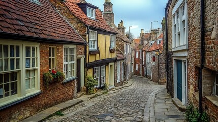 Fototapeta premium narrow, cobbled street in a historical district, where the buildings are so close that they seem to lean in towards each other.