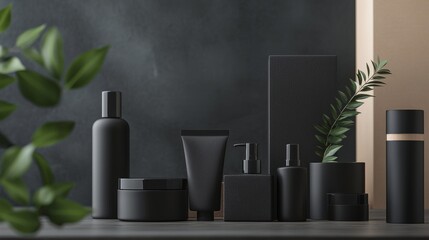 Minimalist black skincare products with green leaves