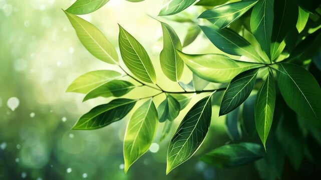 Sunlit green leaves rustling in a tranquil forest with soft bokeh background
