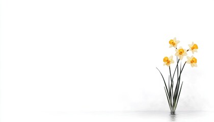 Bright yellow daffodils in a minimalist vase, reflecting on a smooth surface with soft light ambiance