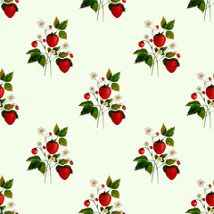  Strawberry Background with flowers, wild berries, leaves. Watercolor seamless illustration for summer cover, botanical wallpaper pattern, vintage party backdrop