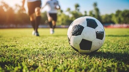 soccer players practice before the match. Cropped image of male feet hitting ball in 3d outdoor sports arena. Sport, game concept