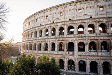 Obraz premium The Colosseum in Rome bathed in warm sunlight, framed by greenery