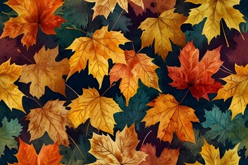 abstract vintage colorful watercolor autumn fall leaves leaf maple orange yellow nature wallpaper background bg ground texture art Generative AI