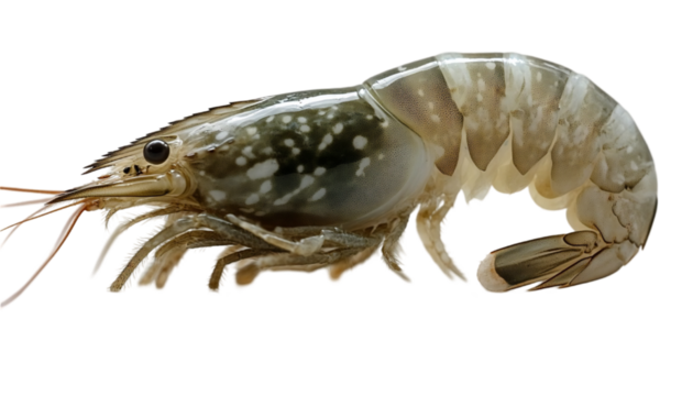 Close Up Of A Gray And White Spotted Shrimp On Black Background