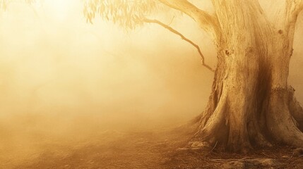 Majestic eucalyptus tree stands tall in a foggy landscape at dawn, evoking a serene and tranquil atmosphere