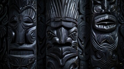 Intricate Polynesian totem carvings displayed in dark wood showcasing rich cultural heritage in a low contrast setting
