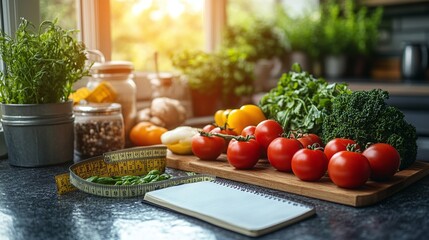 Clean kitchen counter with a fitness journal a measuring tape and healthy food placed nearby representing the journey of weight loss and body wellness through dieting and fitness