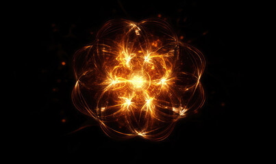 Fototapeta premium Golden Atom Structure with Glowing Electrons on Black Background