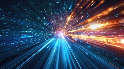 Light speed burst with blue and orange streaks. Dynamic motion of glowing particles in a digital tunnel. Technology and sci-fi concept. Glowing light pathway with digital code. Digital portal. AIG53.