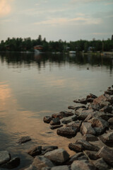 Lake view of the rocky shore in summer