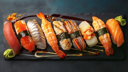 Seafood sushi on black background, Various types of sushi served