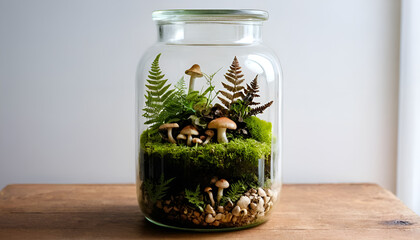 A terrarium in a glass jar, filled with moss, ferns, and tiny mushrooms