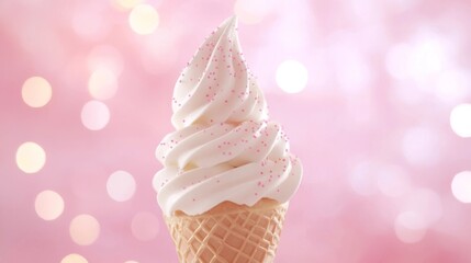 Indulgent soft serve ice cream with sprinkles in a cone against a pink bokeh background