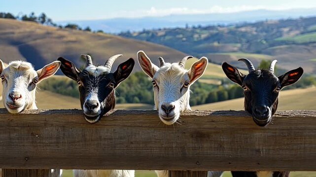 This image features four goats curiously looking over a wooden fence. Their playful faces and vibrant colors bring joy. A perfect representation of farm life and animal beauty. AI
