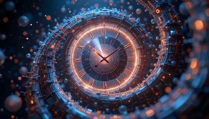
An abstract spiral clock with glowing hands, surrounded by floating particles
