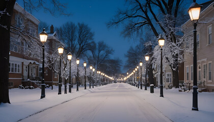 A quiet street at dusk, covered in snow, with glowing streetlights