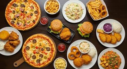 Delicious Fast Food Feast: Pizza, Burgers, Chicken, and More