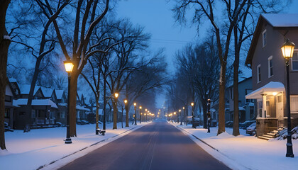 A quiet street at dusk, covered in snow, with glowing streetlights