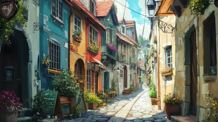 Fototapeta premium street in a quaint village, where colorful houses stand close together, their windows peeking out like eyes from the walls