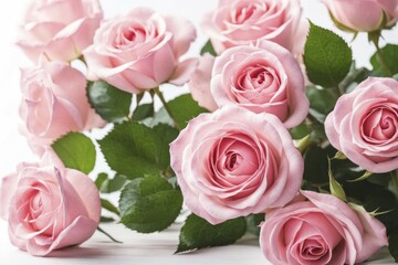 Fototapeta premium Floral arrangement of blooming pink roses with green leaves, AI generated