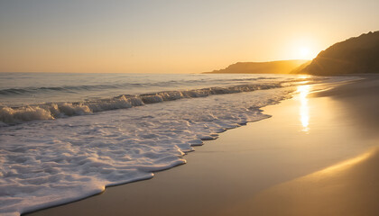 A peaceful sunrise casting golden light on a calm beach