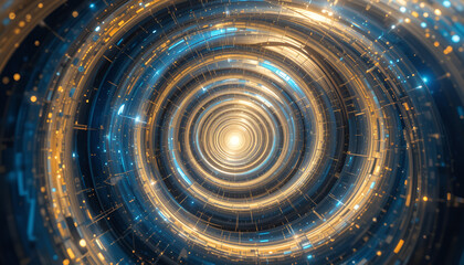 An infinite spiral pattern filled with radiant hues of gold and blue