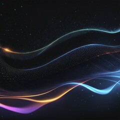 Abstract digital art with multicolored glowing particles in blue, orange, and purple forming flowing waves, AI generated