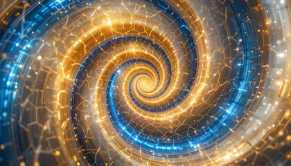 An infinite spiral pattern filled with radiant hues of gold and blue