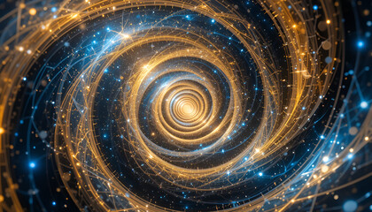 An infinite spiral pattern filled with radiant hues of gold and blue