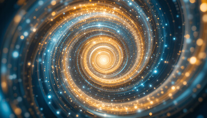 An infinite spiral pattern filled with radiant hues of gold and blue