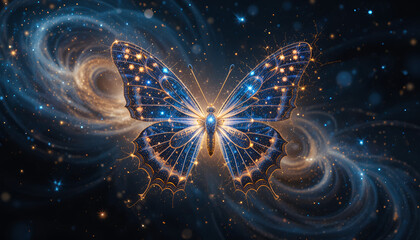 A butterfly made of stardust flying through a swirling galaxy