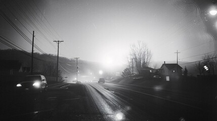 Nighttime in a town with car lights reflecting on a wet road beneath street lights, AI generated