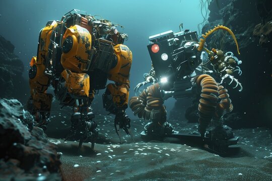 Robots exploring and collecting samples of deposits in abyssal plains, AI generated - Powered by Adobe