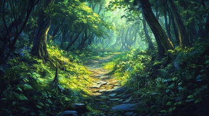 Fototapeta premium winding trail through a dense forest, where the trees are so close together that the sunlight only barely touches the forest floor.