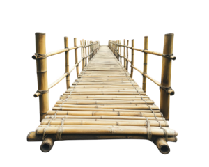 narrow bamboo bridge crossing river, showcasing traditional craftsmanship and natural materials. This serene structure invites exploration and connection with nature