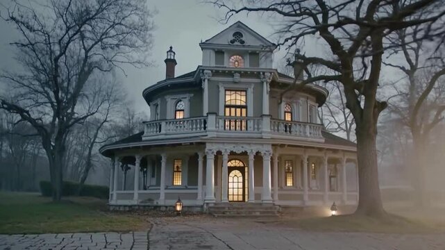 Ornate Queen Anne style house appears mysterious in thick evening fog with glowing windows for narrative book covers or marketing themes.