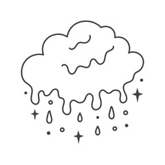 Surreal Dripping Cloud with Drops and Stars. Hand drawn vector illustration. Melting weather symbol. Psychedelic surrealism line art