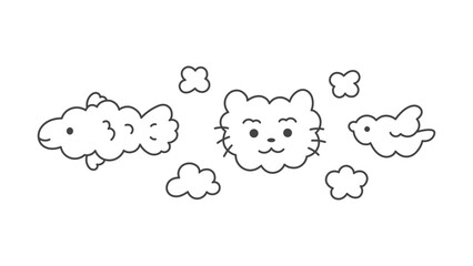 Animal Shaped Clouds Set. Outline fish cat head flying bird collection in doodle style. Sketch vector illustration