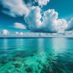 Una fotografía que muestra un mar esmeralda bajo un cielo adornado con nubes azules. Tranquilo y encantador. Una escena de ensueño.