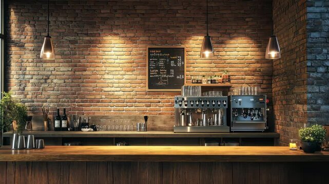 Cozy cafe interior with rustic brick walls and modern espresso machine setup