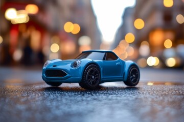 Blue sports car model on city street at night