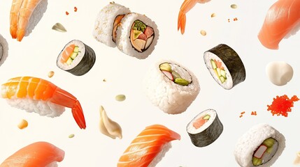 Sushi Rolls are various in the air. Levitation concept. white background, horizontal view